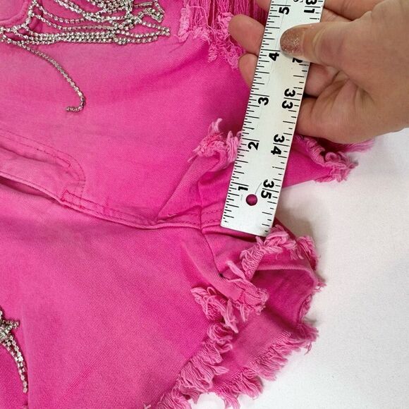 Pink Jean Shorts Womens Large Country Jewel Fringe Cut Off Festival Distressed - Picture 2 of 9